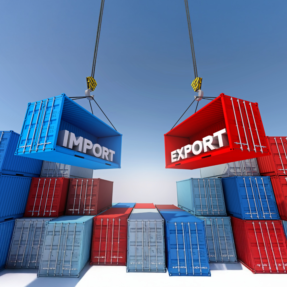 Shipping containers labeled import and export being lifted by cranes, representing global trade and international logistics.